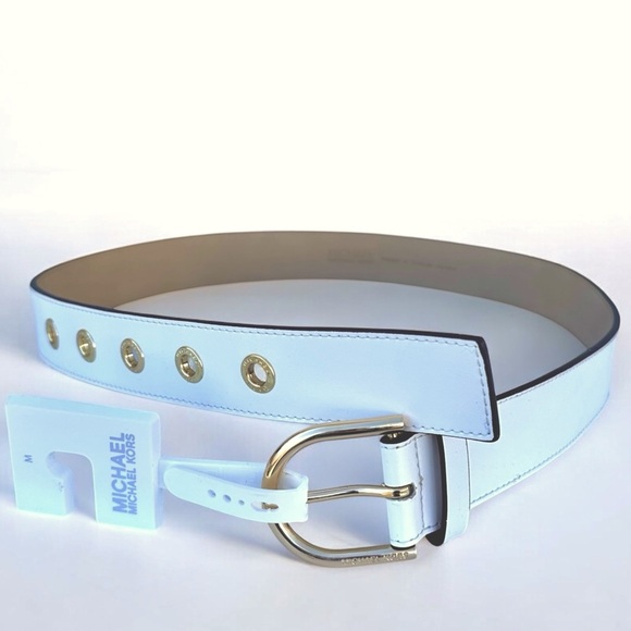 Michael Kors Medium 100% Genuine Leather Belt White Gold Grommets Hardware M New - Picture 1 of 8